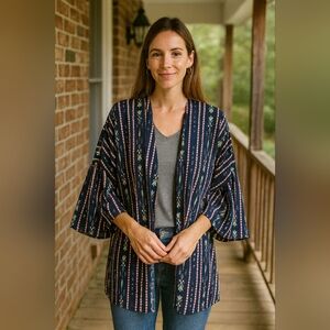 Medium Women Kimono Cardigan Ruffle Bell Sleeves Boho Sheer Aztec Tribal Print